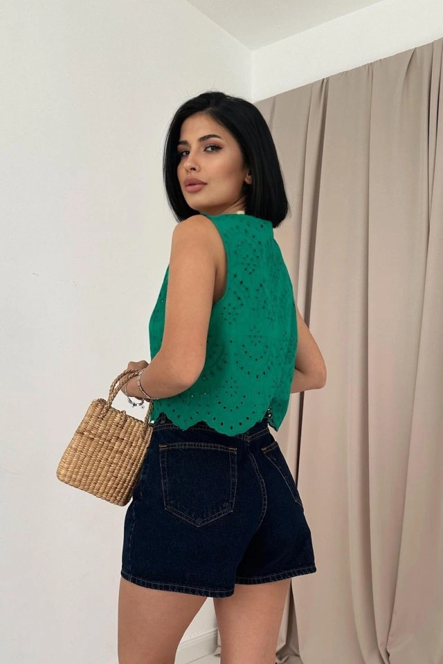 Nova Bazaar Yeşil Sıfır Kol Brode Bluz Yeşil