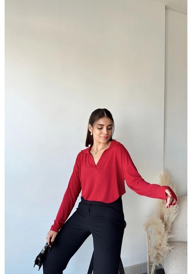 Kadın Kırmızı Polo Yaka Basic Bluz, Uzun Kol, Regular Kesim, Günlük Ve Spor Sweatshirt Kırmızı