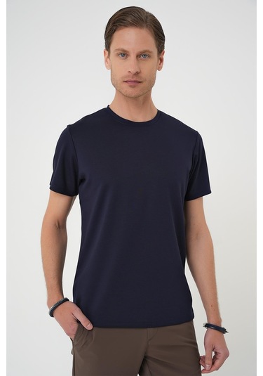 Comfort Fit Bisiklet Yaka Esnek Pamuk Casual Koyu Lacivert Tişört Ts 885 Lacivert