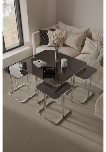 4+1 Gümüş Kaplam Füme Ayna Radüslü Orta Sehpa