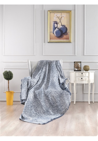 Vicuna Home Pamuklu Çok Amaçlı Ebruli Koltuk / Çekyat Örtüsü Mavi