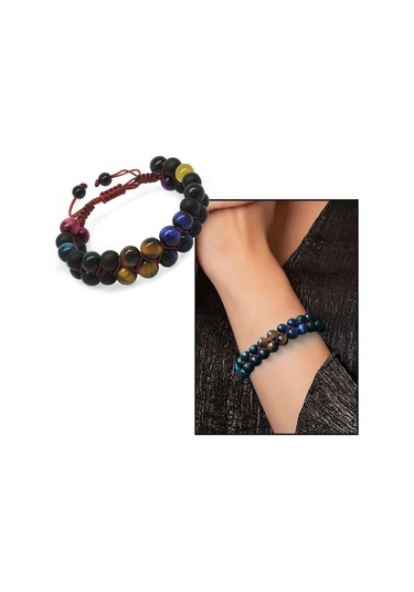 Çift Sıra Makrome Örgülü Küre Kesim Çoklu Kaplangözü Doğaltaş Kombinli Erkek Enerji Bilekliği Çok Renkli
