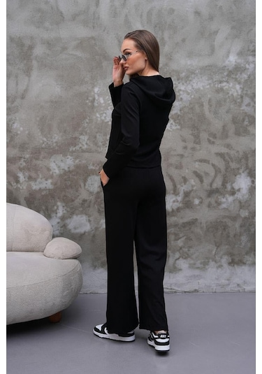 Elaxi Modal Kumaş Slim Fit Kapüşonlu İkili Takım Siyah