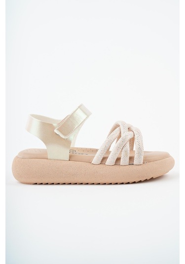 Muggo Jazz Garantili Günlük Ortopedik Hafif Taban Örgü Detaylı Cırtlı Kız Çocuk Sandalet Bej