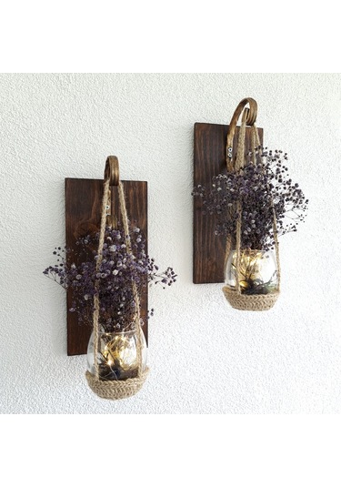 Duvar Dekoru, Led Işıklı, Mor Cipso Çiçekli Aplik, Ceviz Ikili