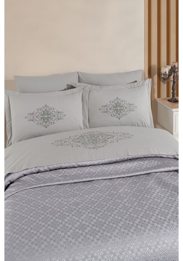 Tivoli 8 Parça Evlilik Seti Pike Takımı Havlulu-nakışlı Çift Kişilik Gelin Seti-diana-gri Grı Gri