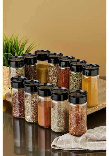 12'li Cam Baharatlık Seti - Siyah Siyah