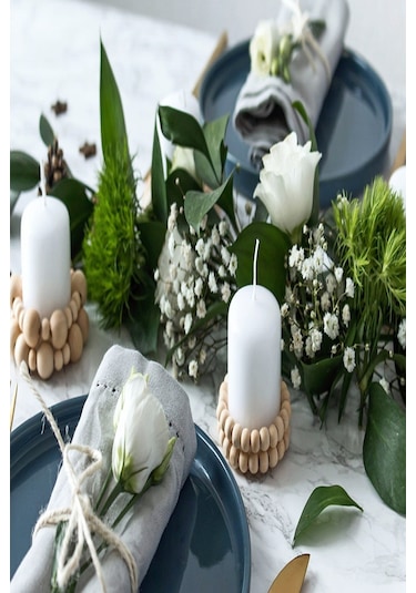 Dekoratif Ahşap Boncuklu Mumluk 2'li Set