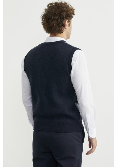 Düğmeli Yünlü Kalın Triko Yelek - Lacivert Lacivert