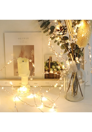 Monyee 5m 50 Led İncili Bakır Işık Zinciri - Noel Dekorasyonu - 3xaa Pil İle Çalışır - Sıcak Beyaz Sürekli Aydınlatma Beyaz