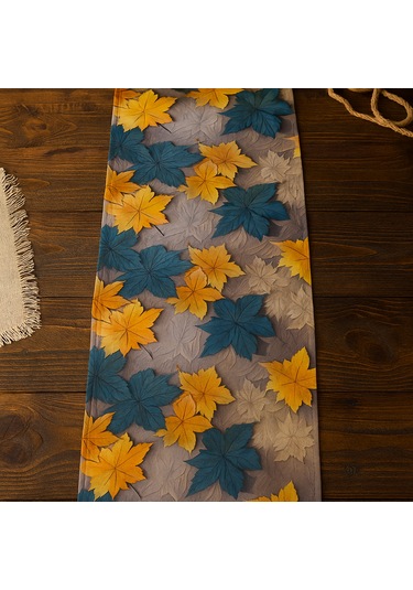 Bohem Sonbahar Desenli Duck Kumaş Masa Runner 40 140 Cm Yaprak Temalı Şık Sofra Aksesuarı Sarı