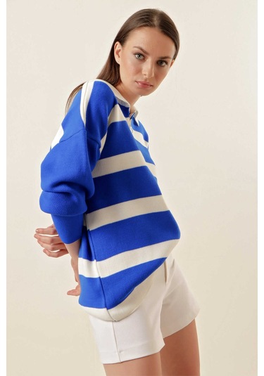 Gabria Fermuarlı Çizgili Kazak Saks