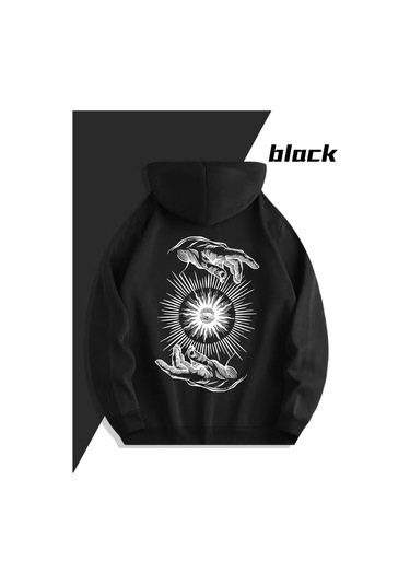 Nevermind Sevgili Çift Kombini Güneş ve El Desenli Hoodie Kapüşonlu Sweatshirt 2li Set Takım 3 İplik Pamuk Siyah