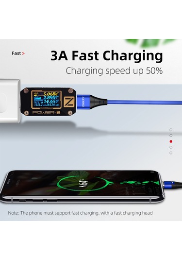 Enkay 3a Usb To Type-c Manyetik Hızlı Şarj Veri Kablosu Led Işıkla, Uzunluk: 1m Gümüş