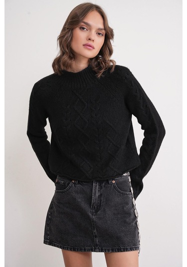 6855 Kadın Dik Yaka Saç Örgülü Triko Kazak Siyah Siyah