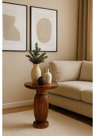 Doğal Masif Ahşap Tekli Yan Sehpa Meşe Renk Modern Mantar Sehpa Meşe