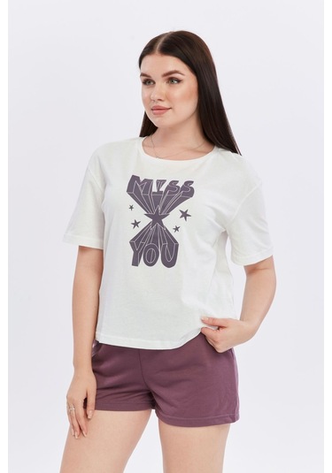 Bella Dossi Pamuklu Kısa Kollu Baskılı Kadın Şortlu Yazlık Pijama Takımı Mürdüm Beyaz Beyaz - Mürdüm