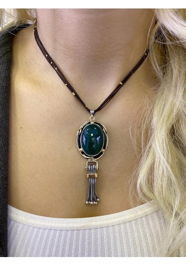 Yeşil Akik Taşlı Gümüş Kolye 925 Ayar 512655437