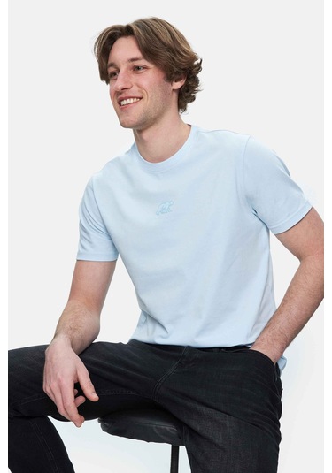 Fabıo Gök Mavi Bisiklet Yaka Baskılı Standard Fit Erkek Tshirt Gök Mavi