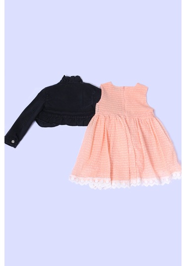 Kız Çocuk Kot Ceketli Elbise Fırfırlı Dantelli Taş İşlemeli F19 Yavruağzı