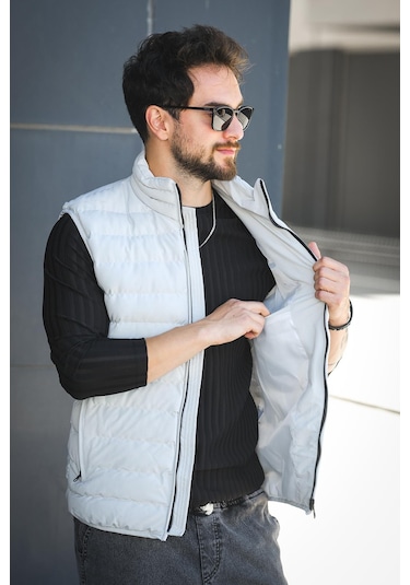 Doxfa Suya Dayanıklı Cepli Fermuar Detaylı Dik Yaka Erkek Şişme Yelek Gri