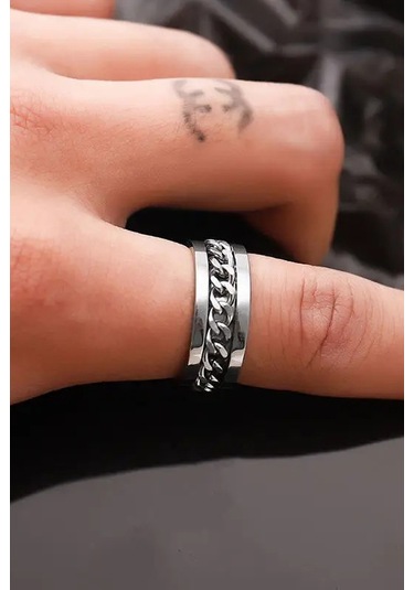 Ortası Dönebilen Zincirli Erkek Kadın Anti-stres Çelik Alyans Yüzük Cl43 Beyaz