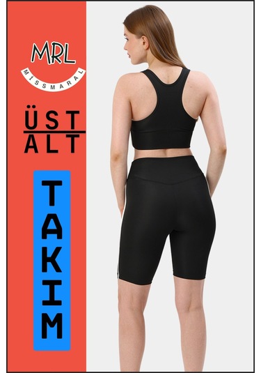 Kadın Siyah Takım Alt-üst Kısa Şort-tayt Ve Pedli Sporcu Büstiyer 2li Set Beyaz Biyeli Siyah Beyaz