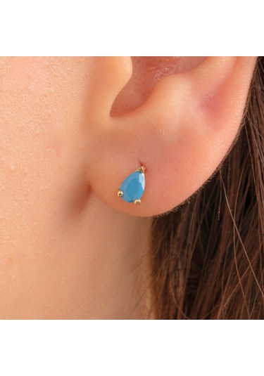 Altın Küpe - 14 Ayar Altın Damla Modelli Firuze Turkuaz Taşlı Küpe Sarı