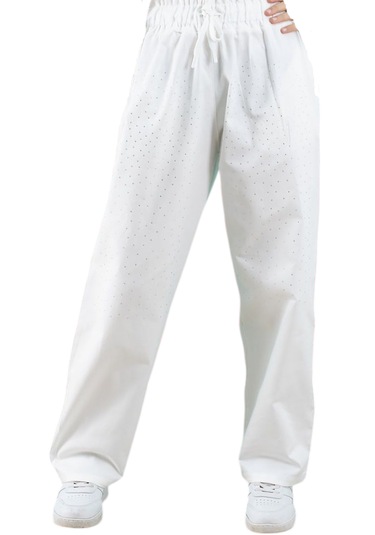Kız Çocuk Taş Detaylı Beli Lastikli Ekru Renk Oversize Pantolon
