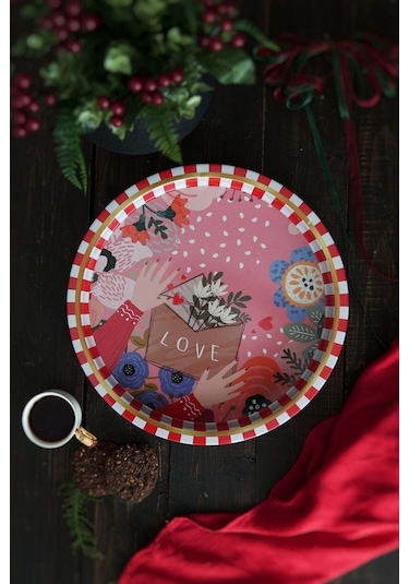 Love Desenli Yuvarlak Metal Tepsi, 31,5 Cm