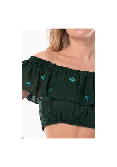 Lavinya Vual Lastik Detaylı Nakışlı Yazlık Crop Bluz Yeşil Ysl-yeşil Yeşil