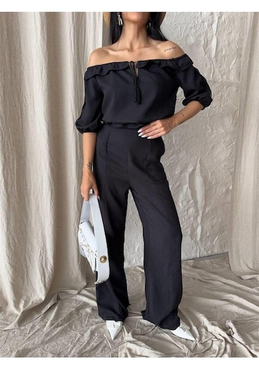 Gülsüm Aydın Keten Madonna Yaka Kol Hasır Şerit - Pantolon Takım - Siyah Siyah