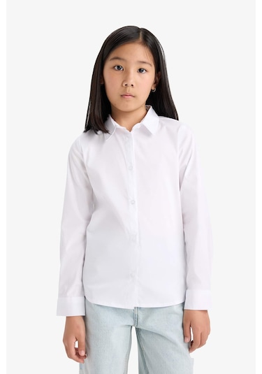 Defacto Kız Çocuk Okula Dönüş Slim Fit Dar Kesim Bengalin Uzun Kollu Gömlek K9023a625auwt34 Beyaz