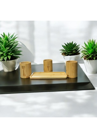 Bambu Altlıklı 3'lü Çatal Kaşık Bıçak Düzenleyici Set 4 Parça Bambu