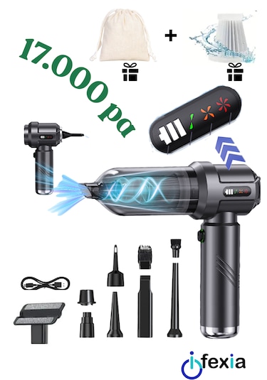 İfexia Cy 109 17.000 Pa Yeni Nesil Dijital Göstergeli Vakum Ve Üflemeli Mini Araç Ve Genel Kullanım Süpürgesi Koyu Gri-gümüş