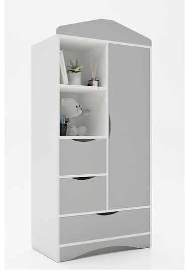 Floradesign Gardırop / Elbise Dolabı / Çocuk Genç / Raflı Ve Çekmeceli Gri Beyaz