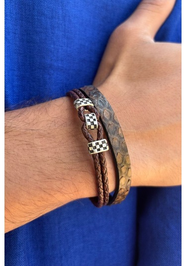Yılan Derisi Desenli El İşçiliği İle Üretilmiş Hakiki Deri Erkek Bileklik Kahverengi