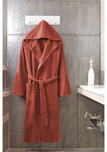 Formeya Pamuklu Kapüşonlu Bornoz Unisex Bornoz Kiremit