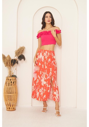 Kırmızı Desenli Yırtmaçlı Midi Etek Dm2014 Kırmızı