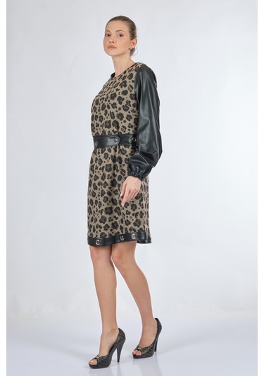 Unique Mode Yuvarlak Yaka Leopar Desenli Siyah Kadın Elbise UW233