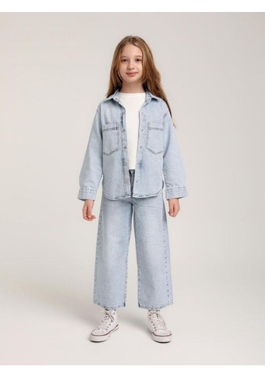 Kız Çocuk Taşlı Tasarım Kot Ceket-15581 Mavi
