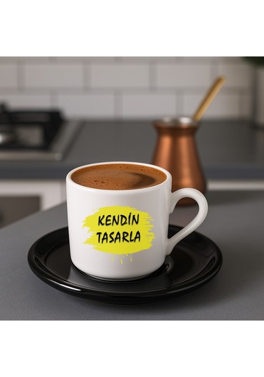 Kendin Tasarla Bardak - Kişiye Özel Bardak Satıya Sor 2 Türk Kahvesi Fincanı Siyah Altlıklı