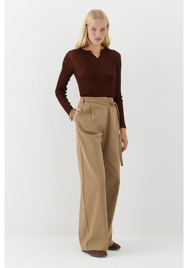 Kemer Detaylı Yüksek Bel Palazzo Pantolon Bej Bej