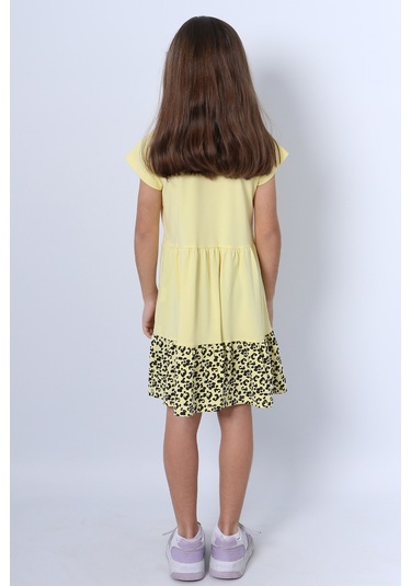 Kız Çocuk Elbise Fırfırlı Kedicik Baskılı C13 Sarı