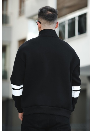 Babar Üç İplik Şardonlu Nakışlı Fermuarlı Dik Yaka Oversize Erkek Sweatshirt 001