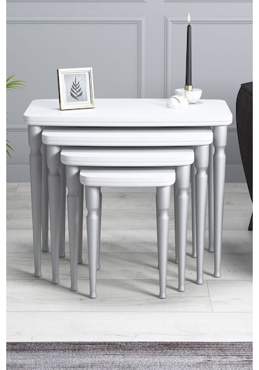 Imaj Mdf Ve Lake Boya, Beyaz 4lü Zigon Sehpa Takımı, Gümüş Gürgen Ayaklar Sehpalar Beyaz Ayaklar Gümüş