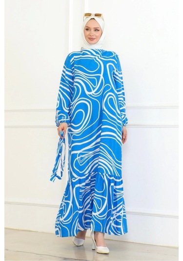 Çizgi Desenli Viskon Elbise - Mavi Mavi