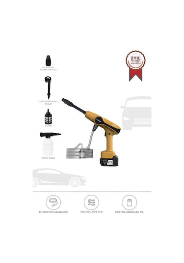 Torima D-015 Sarı Akülü Şarjlı Yüksek Basınçlı Oto Araba Bahçe Yıkama,temizleme Su Tabancası