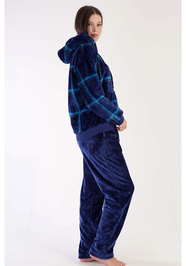 Kadın Welsoft Kapüşonlu Uzun Kol İndigo Pijama Takımı C3t0n3o088 001