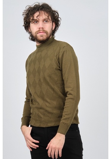 Çizgi Triko Erkek Yarım Balıkçı Baklava Desenli Kazak 42564257 Ha Haki